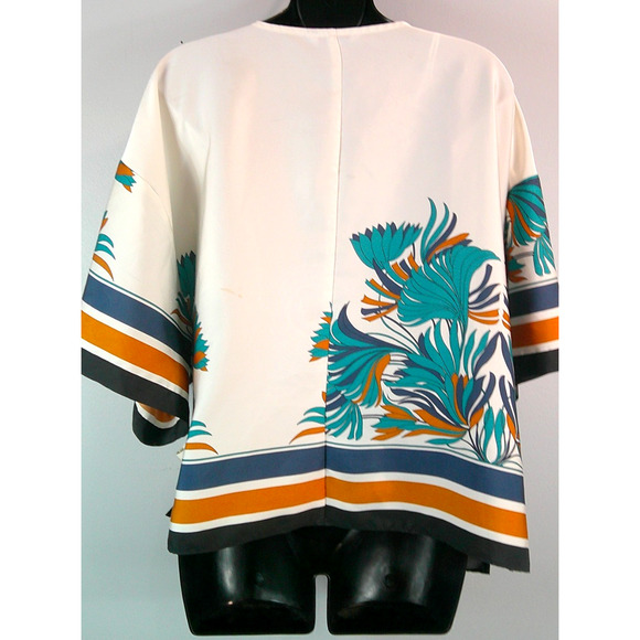 Nine West Wrap Silky Blouse Women's XXL Navy Blue Cream Side Tie Kimono Style - Picture 7 of 11